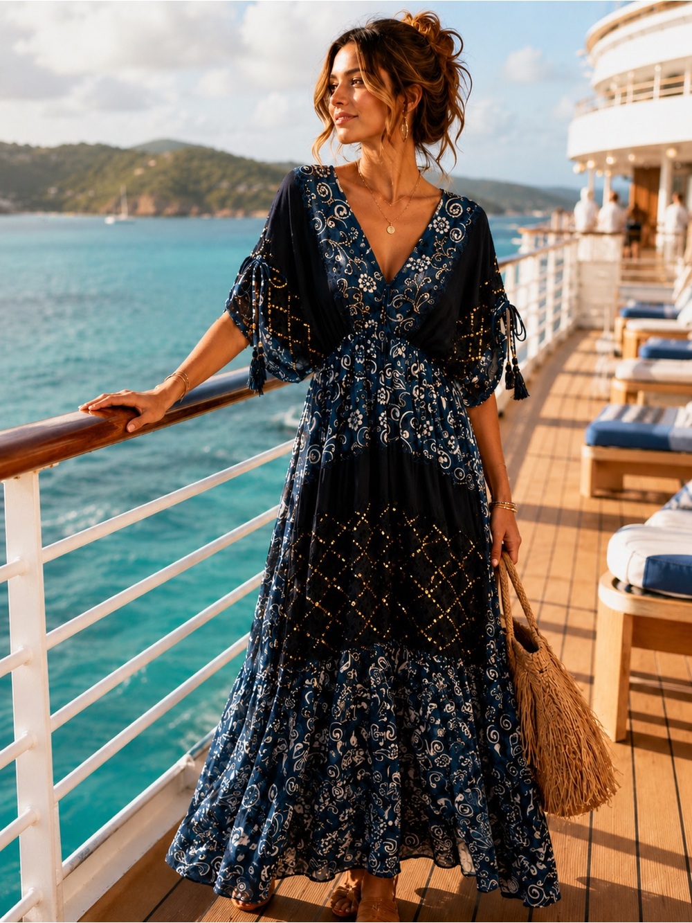 Zury Navy Blue Embellished Maxi Dress with Tassel Tie